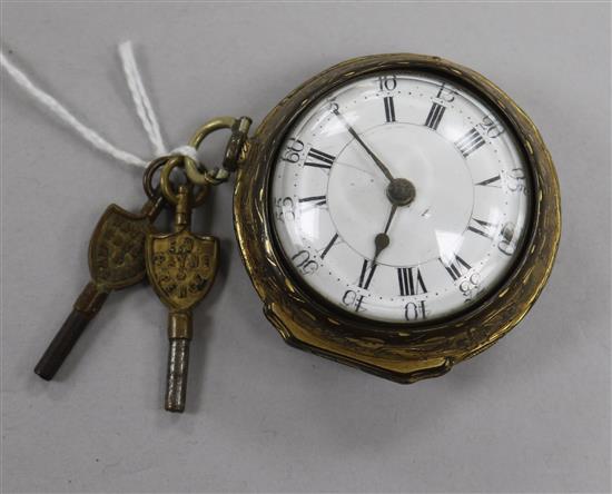 A mid-18th century gilt metal pair-cased keywind pocket watch,